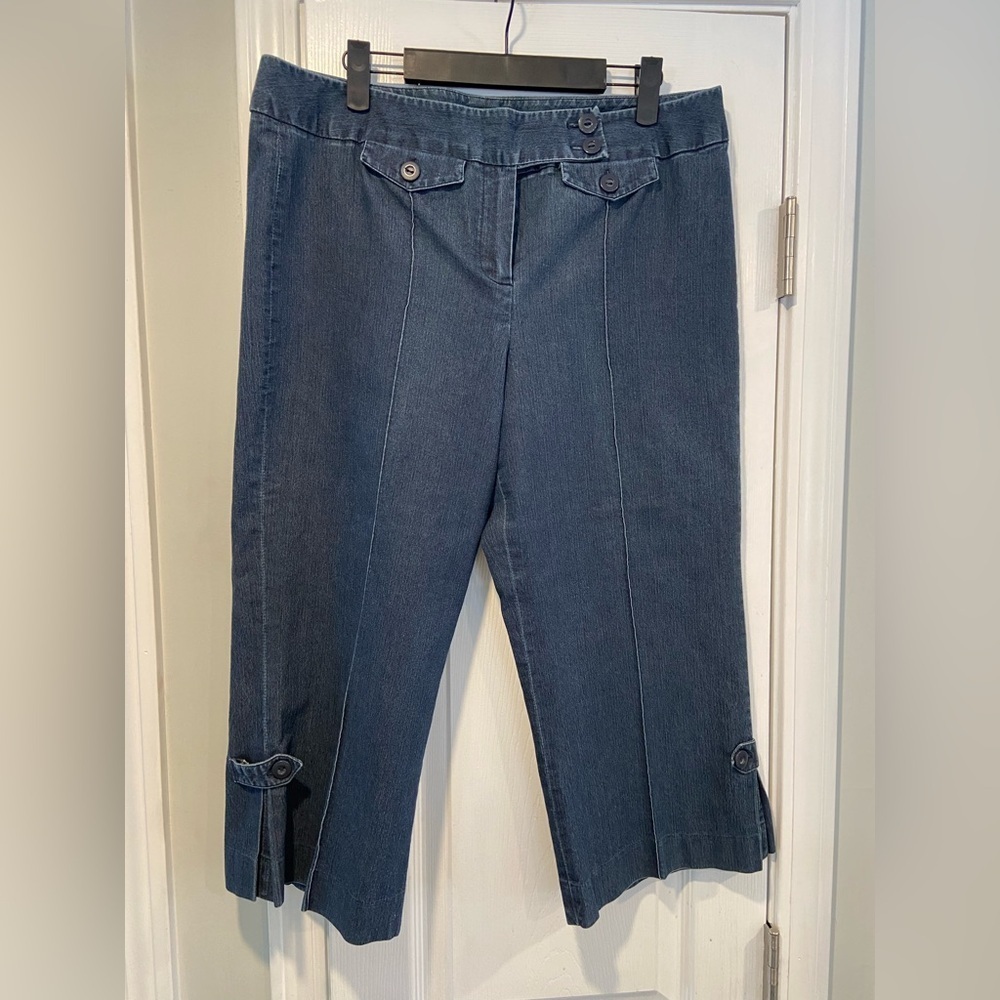 Larry Levine Size 12 Denim Capri Sailor Jeans Blue Stretch Cropped Wide Leg Pant